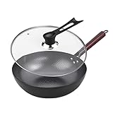 LIYGAOF Wok mit Deckel 32cm Gusseisen Wokpfannen: Wok für Alle Herdarten Geschmiedet Eisenpfanne Keine Chemische Beschichtung Rostfrei und Leicht Reinigen