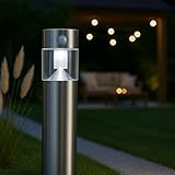 MeLiTec Solar-Gartenleuchte SO31, Solar-Gartenlampe mit Bewegungsmelder, rund, Edelstahl matt gebürstet, bis zu 8 Stunden Leuchtdauer, Outdoor Solarlampe stehend