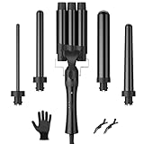 ELEHOT-Store Lockenstab 3 Fässer Welleneisen Lockenstab 5 in 1 Keramikbeschichtung 5 Zubehörteile 10–32 mm Lockenwickler Multifunktional mit Handschuhen 2 Clips