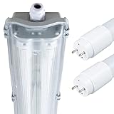 Proventa IP65 Feuchtraumleuchte LED 120cm mit 2x 18W LED-Röhre neutralweiß 4.320 Lumen Klappdeckel Steckklemme Kabeleinführung bis NYM-J 3x2,5mm², leuchtstoffröhre led 120cm
