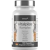 EXVital Vitalpilze Komplex- Hericium, Cordyceps, Reishi, Chaga, Shiitake & Maitake- 1480mg Pilzextrakt pro Tag, 120 vegane Kapseln,hochdosierter Pilzkomplex, laborgeprüft