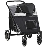 PawHut Hundewagen, Hundebuggy mit Kissen, faltbarer Hundetrolley, Katzenbuggy für große und mittelgroße Hunde, Hundetrolley mit Netzfenster, Sicherheitsleinen, Tasche, Oxfordstoff, Grau