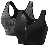 AoToZan 2 Stücke Sport BH Damen Starker Halt mit Reißverschluss Vorne, Gepolstert Push Up BHS Ohne Bügel Sports Bra für Running Fitness Yoga (Schwarz Grau,L)