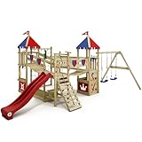 WICKEY Spielturm Ritterburg Smart Queen mit Schaukel & Rutsche, Outdoor Kinder Kletterturm mit Sandkasten, Leiter & Spiel-Zubehör für den Garten (rot/rot-blau)