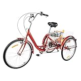 TkkMivcOC 24 Zoll Dreirad für Erwachsene, 3 Räder 6-Gang Fahrrad mit Einkaufskorb, 3 Rad Senioren Fahrrad Licht V-Bremse, Karbonstahlrahmen, für Picknicken Einzukaufen (Rot)