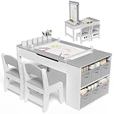 MAMIZO Kindertisch mit 2 Stühlen, Kinder Tisch Stuhl Set Holz, Kindersitzgruppe mit Stauraum, Kinder Maltisch mit Papierrolle, Mal und Basteltisch für Kinder, Maltisch für Kinder ab 3 Jahre (Grau)