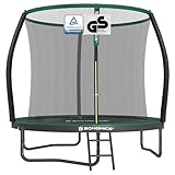 SONGMICS Trampolin 244 cm d, Gartentrampolin für Kinder mit Sicherheitsnetz, 180 cm hohe Gebogene Stangen, Randabdeckung, Leiter, Stahlrahmen, schwarz-dunkelgrün STR082C01