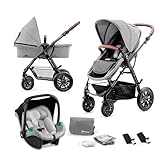 Kinderkraft MOOV Kinderwagen 3 in 1 Kinderwagenset bis 26 kg mit Kindersitz I-SIZE 40-75 cm, Buggy Funktion, Liegeposition verstellbar, Große ausziehbare Verdeck, Zubehör inklusive, Grau