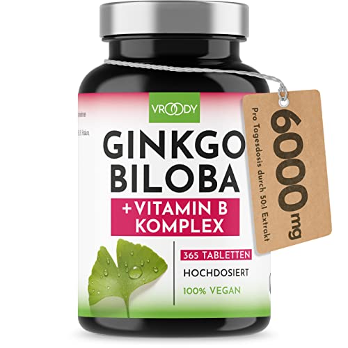 Ginkgo Biloba 6000mg, 365 Mini-Tabletten - Preis-Leistungs-Sieger + Premium B-Vitamin Komplex, enthält 28,8 mg Flavonglykoside & 7,2 mg Ginkgolid - Ohne Zusätze, Laborgeprüft, made in Austria