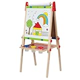 Hape Kinder Spiel-Tafel aus Holz| Preisgekrönte doppelseitige Kindertafel höhenverstellbar mit Papierrolle, Kreidetafel, Whiteboard, Magnete und 3 Malschüsselchen