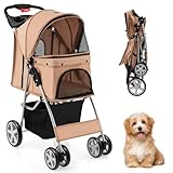 SOARS Hundebuggy, Hundewagen bis 15kg klappbar, Katzenwagen mit Netzfenstern & Getränkehalter & Aufbewahrungskorb, Haustier-Kinderwagen für kleine Haustiere (Beige)