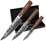 Wolfblood 3er Damastmesser-Set (32, 26 und 20cm) Profi Damast-Küchenmesser Set aus echtem 67 Lagen Damaststahl I Damastmesser Set mit Chefmesser, Office Messer, Holzgriff, Geschenkbox & Klingenschutz