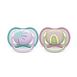 AVENT ultra air Schnuller - 2er Pack, BPA-freier, atmungsaktiver Schnuller für Babys von 0-6 Monaten, inklusive Transport- und Sterilisationsbox, lila/grün (Modell SCF085/59)