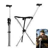 Gehstock mit Sitz, 80-90cm Faltbar Sitzstock, Spazierstock mit Sitz und rutschfeste Silikonbasis, Tragbar Leicht Sitzstock mit 150 kg Tragfähigkeit, für 140–190 cm Senioren, Outdoor-Reisen, Camping