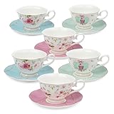 fanquare 6er Set Rose Teetasse und Untertasse, Britische Teetassen Set für Geschenk, Bunte Blumen Porzellan Teeservice