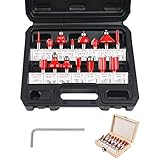 flintronic Fräser-Set, 6.35MM Fräsen Werkzeug Set, 15-tlg Holzkoffer Geschmiedeter Werkzeugstahl Oberfräser, Bündigfräser, Holzschneider mit Kunststoff-Box, Bodenreinigung für Holzbearbeitung