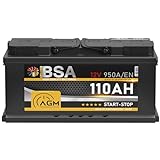 BSA AGM Batterie 12V 110Ah 950A/EN Start-Stop Batterie Autobatterie VRLA statt 105Ah