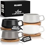 MIAMIO - 4 x 320 ml Kaffeetassen/Cappuccino Tassen mit Unterteller/elegant/modern/Kaffeebecher aus Steingut - Luxe Kollektion 4er Set (Klassisches Pastell)