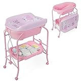 COSTWAY 4 in 1 Wickeltisch klappbar mit Badewanne, tragbare Wickelkommode mit Wickelauflage, mobile Wickelstation mit Universalrädern für 0-12 Monate Baby, bis 35 kg belastbar (Rosa)