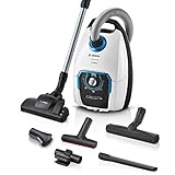 Bosch Staubsauger mit Beutel ProSilence Serie 8 BGB75XSIL, Bodenstaubsauger, ideal für Allergiker, Hygiene-Filter, 10 Jahre Motorgarantie, Hartbodendüse, langes Kabel, Made in Germany, 650 W, weiß