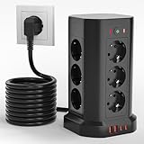 Steckdosenleiste 𝟏𝟔-𝐈𝐍-𝟏 Mehrfachsteckdose mit USB C, Steckdosenleiste mit Schalter Überspannungsschutz,12 Fach Steckdosenturm mit 2X USB-C und 2X USB-A für Büro Küche Tisch