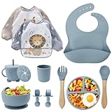 Baby Geschirrset,12er Set Kindergeschirr, Babylöffel,Trinklernbecher,Silikon Lätzchen,Baby Teller Kinderteller mit Saugnapf,Baby Led Weaning Besteck Set, BPA Frei,Spülmaschinen Und Mikrowellen Safe