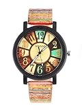 JSDDE Uhren,Damen Retro Stil Farbig Streifen Armbanduhr Holz Kork Muster PU Lederband Analog Quarzuhr
