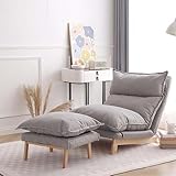 Avdnrya Relaxsessel mit Fußhocker, Leinenstoff, Akzentstuhl in 6 Positionen, verstellbare Chaiselongue-Sessel, Liegesitz mit abnehmbarem gepolstertem Kissen, fauler Sofasessel, für Wohnzimmer (Grau)