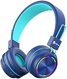 iClever Bluetooth Kinder Kopfhörer, Bunte Lichter LED, 94dB Lautstärkebegrenzung, Faltbare, Einstellbar, Kabellos und Kabel, Eingebautes Mikrofon für PC, Tablet, Kindle
