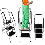 Trittleiter 3 Stufen klappbar,Klappleiter mit Haltegriff, Leiter mit Anti-Rutsch-Stufen, einfach zu verstauen, bis 150 kg belastbar, aus Stahl für Haushalt, Garten & DIY