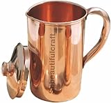 HRS India Wasserkrug aus reinem Kupfer, glatt, schlicht, Wassertrinken, Aufbewahrungsbehälter, Topf, Ayurveda, gesundheitliche Vorteile, 2 Liter
