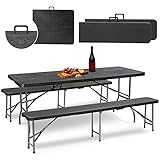 Sekey Bierzeltgarnitur Klappbar Campingtisch Set, 2 x Bierbänke & 1 x Biertisch, 180cm Biertischgarnitur 3-teilig Gartenmöbel Set Holzmaserung, Schwarz