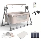 Hydravex Elektrisches Babybett, Beistellbett für Babys, 5-stufig verstellbar, mit Bluetooth, Moskitonetz und Matratze inklusive, tragbare Kinderbetten für Neugeborene Beige