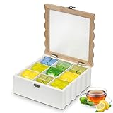 Optyuwah Teebox,Teekasten - Tee Aufbewahrungsbox aus Holz, Teebeutelbox Teekiste für Teebeutel Zucker Kaffeekapsel,Vorratsdose mit welliger Rand und Glas Sichtfenster Deckel Teebeutelhalter