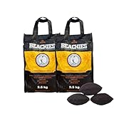 BlackSellig Beachies 5 kg (2 x 2,5 kg) Kokos Grill Briketts – 100 % Kokosnussschalen – wenig Rauch, heiß & schnell – für Kurze Grillsessions | Mobil & praktisch