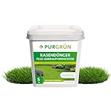 Purgrün® Rasendünger mit Unkrautvernichter | Schnell wirksame mineralische Rezeptur | Kombi-Wirkstoff gegen Unkraut | NPK 22+5+5 | 100 Tage Langzeitwirkung | Profi-Qualität | Für jeden Rasen | 5 kg