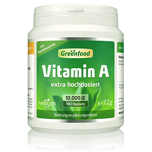 Vitamin A, 10.000 iE, extra hochdosiert, 180 Kapseln - gut für die Sehkraft, Schleimhäute und Immunsystem. OHNE künstliche Zusätze. Ohne Gentechnik. Vegan.
