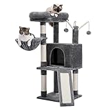 PurpurRain Katzenbaum, mehrstufiger Katzenturm für Hauskatzen, Katzenkletterbaum-Condo mit Sisal überzogenen Kratzpfosten, tiefer Hängematte und interaktivem Katzenspielzeug, Grau 105cm (Grau)