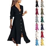 Clearacne Maxi-Kleider für Damen, lässig, Knopfleiste, langärmelig, Revers, Kordelzug, Baumwolle, Leinen, fließend, lang, Party, Strand, Sommerkleid, Schwarz , 3XL