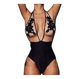 Sexy Damen-Bikini, einteilig, rosa Stickerei, Patchwork, Mesh, Slim Fit Körper, Attraktiver Badeanzug, Badeanzug, große Größe, Strandbekleidung Riou, Schwarz M