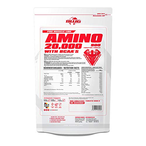 BWG Amino 20.000, Aminosäuren Komplex mit 900 Tabletten, Massiv, hochdosiert, Bioaktiv, mit BCAA`S, Vorratspackung, Muskelaufbauphase, Kraftsport und Bodybuilder, alle 18 Aminosäuren, ohne Gelantine