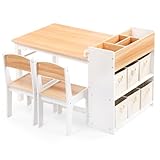 Relquorax Kindertisch mit 2 Stühlen aus Holz, Kinder Maltisch mit kippbarer Tischplatte, 6 Aufbewahrungsboxen und Papierrolle, Kindersitzgruppe mit Stauraum für Kinderzimmer (Natur)