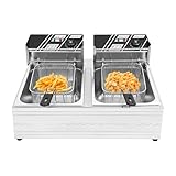 Doppel-Fritteuse, 2500W Edelstahl Öl-Fritteuse mit Stufenlosem Temperaturregelung, Professionell Elektrische Fritteuse mit 2 Frittierkörbe für den Gewerblichen und Privaten Gebrauch, 6L+6L