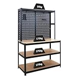 PROREGAL Profi Werkbank Giant Beast mit Lochwand HxBxT 180x120x60cm Fachlast 175kg inkl. Werkzeughalter Set Schwarz Werkbankregal Werkzeugbank Arbeitstisch