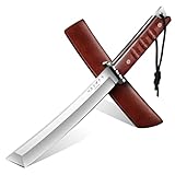 Jagdmesser Outdoor Messer, Tanto Messer Japan Feststehendes, Bushcraft Messer Survival Messer mit D2 Stahl Klinge, Seilschlaufe und geometrischer Spitze für Camping Wandern Fischen, Griff aus Nussbaum
