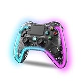 NK Controller für PS4 / PC/Android - Wireless Controller mit Dualshock, 6 Achsen, 2 MACRO-Tasten, 7 LED-Lichtmodi, Touchpad, Kopfhöreranschluss, Ladekabel inklusive - Transparent Schwarz