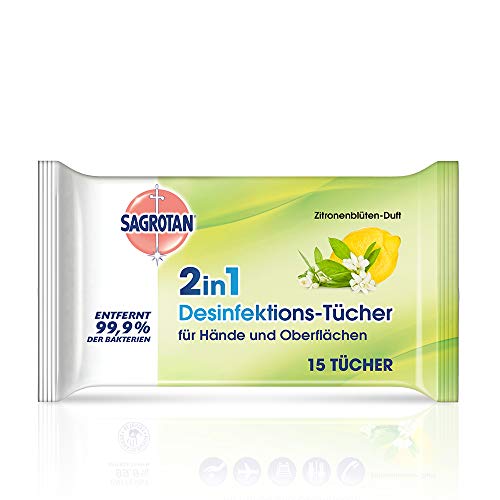 Sagrotan 2in1 Desinfektionstücher mit Zitronenblüten-Duft – Zum Desinfizieren von Händen und Oberflächen – 1 x 15 Feuchttücher in wiederverschließbarer Verpackung