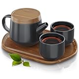 Arendo - Teeservice Set, Keramik Teekannen Set, Teekanne Porzellan, Japanische Teekanne mit Teesieb 0,6 Liter, Teekanne mit Deckel Untersetzer 2 Tassen und Tablett