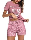 Uniexcosm Schlafanzug Damen Kurz Baumwolle Zweiteiliger Pyjama Set Kurzarm Nachtwäsche Wimperndruck Sleepwear Hausanzug Loungewear Stil 1:Rosa M