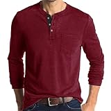 T-Shirt Herren Casual Einfarbig Shirt Herren Longsleeve T-Shirt Herren Slim Fit Mode Knopfleiste T-Shirt Herren Basic T-Shirt Herren F-Wine Red L